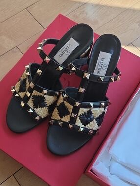 Valentino Black & Gold Studded Raffia Slide Sandals 36